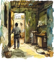 Canvas Print - Watercolor Illustration of a Man Walking through a Doorway in an Old Building