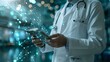 © Yuliia - Doctor using a tablet with abstract digital connections, symbolizing modern healthcare technology and innovation. Ideal for medical tech, healthcare advancements, and digital health concepts.