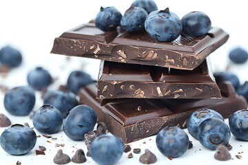 Close-up of dark chocolate pieces topped with fresh blueberries, creating a visually appealing and delicious combination. Ideal for food photography, dessert concepts, and gourmet promotions.