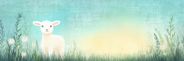 a drawing of a lamb standing in a field of grass with a blue sky and sun shining on background