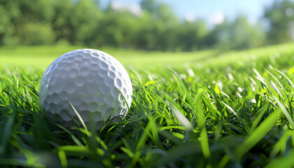 Close-up of a golf ball lying in green grass on a sunny day.