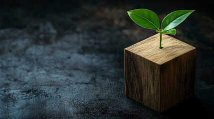 Photo of a wooden cube block with a green leaf growing on top, symbolizing growth and development