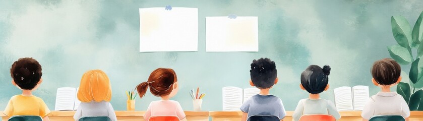 A classroom scene with children of various backgrounds learning together, celebrating woke values of inclusion, bright watercolor palette