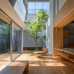 Wall Mural - Modern Japanese House Interior Design With Large Patio and Greenery