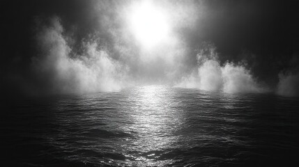 vertical video video of black an white seascape the sun s rays faintly illuminate a dark texture ocean creating a moody monochrome landscape that evokes mystery an depth