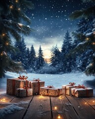 Christmas Gifts on Table in Snowy Forest Under Stars