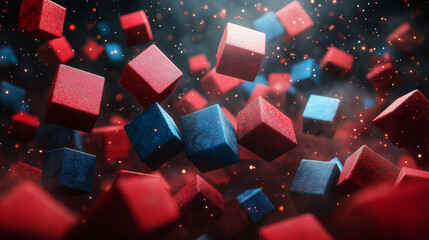 Wall Mural - colorful red and blue cubes floating in a dynamic, abstract space with a sparkling background