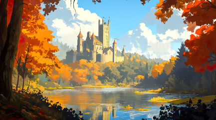 Fantasy landscape with architecture in a painted style.