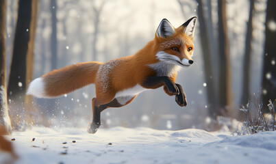 Wall Mural - A red fox leaps through a snowy forest, its white tail trailing behind it.