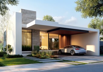 Wall Mural - Modern White House with Car in Garage and Landscaping