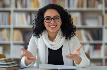 Sticker - young Arabic woman teacher wearing glasses and a white scarf, sitting at a desk in a library, speaking into the camera with hand gestures.