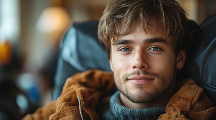 Canvas Print - young man with down syndome working in hospital as caregiver concpet of integration people with disability into society