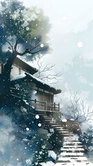 Canvas Print - Winter Snow Scene With Japanese Style House