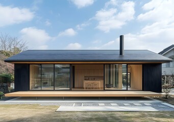 Sticker - Modern Minimalist Japanese House with Sliding Glass Doors and Wooden Deck