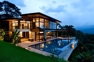 Sticker - Modern House With Infinity Pool Overlooking Mountains