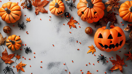 Wall Mural - Halloween decorations with symbol of Halloween on white background. Top view. Copy space for text. Generative ai illustration.