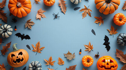 Wall Mural - Halloween decorations with symbol of Halloween on white background. Top view. Copy space for text. Generative ai illustration.