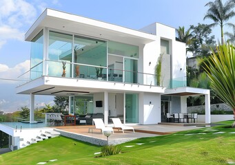 Wall Mural - Modern Minimalist Home with Large Glass Windows and a Swimming Pool