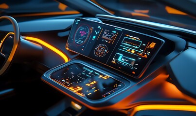 Futuristic Car Interior with Illuminated Dashboard and Touchscreen Displays
