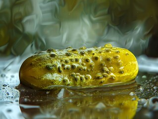 Wall Mural - A single dill pickle sits on a wet surface with a blurred background.