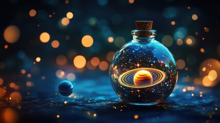 A round glass bottle with a cork encloses a tiny universe, with twinkling stars, a glowing sun, and a ringed planet, all floating in dark, infinite space