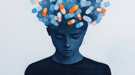 Wall Mural - watercolor portrayal of depression shrouding a figure in darkness, hopelessness reflected in the fad