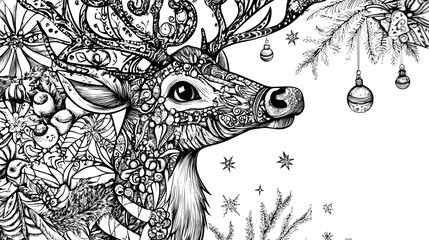 christmas a4 colouring page, black and white reindeer