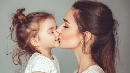 Wall Mural - A woman kisses a little girl on the cheek