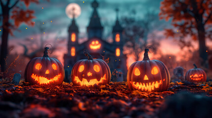 Halloween Scene, Party of pumpkins and zombies in moonlight. Contain Moon 3D rendering, deformed and church with reassembled parts. Generative ai illustrations.