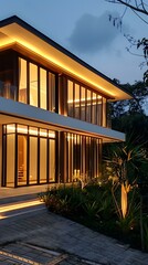 Wall Mural - Modern Minimalist House with Warm Lighting at Dusk