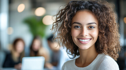 Poster - A woman with curly hair is smiling and looking at the camera