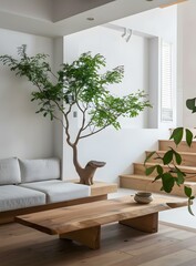 Sticker - Minimalist Living Room Interior Design with Wooden Coffee Table and Green Plants