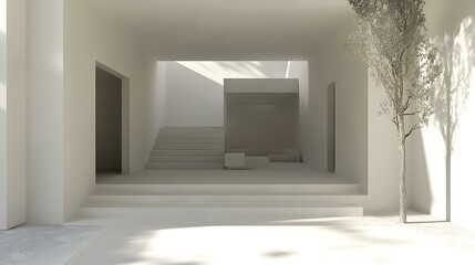 Wall Mural - Modern Minimalist White Interior Design with Stairs and Sunlight