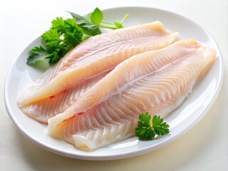 Freshly cut pangasius fillet fish on a white plate, glistening with moisture, showcasing its firm white flesh and delicate flaky texture, ready for cooking.