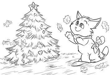 Poster - Cute Cat Cartoon Character Celebrating Christmas