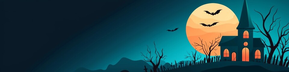 Wall Mural - Spooky Halloween Night with Haunted House, Full Moon, and Flying Bats in a Dark, Eerie Landscape