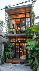 Poster - Modern Minimalist Two Story Home With Glass Doors And Lush Greenery