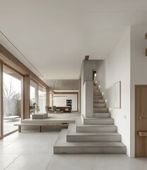 Sticker - Modern Minimalist Home Interior Design with Concrete Stairs and Large Windows