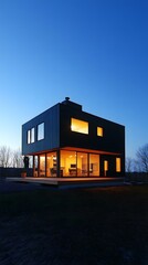 Canvas Print - Modern Black House with Large Windows at Dusk