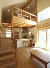 Wall Mural - Modern Minimalist Loft Apartment With Wooden Stairs And Kitchen