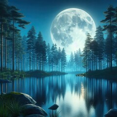 Wall Mural - night landscape with moon