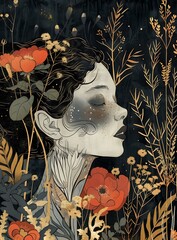 Wall Mural - Woman with Flowers and Gold