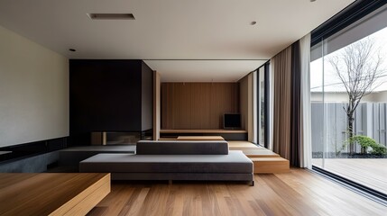 Wall Mural - Modern Minimalist Living Room with Wooden Floors and Large Windows