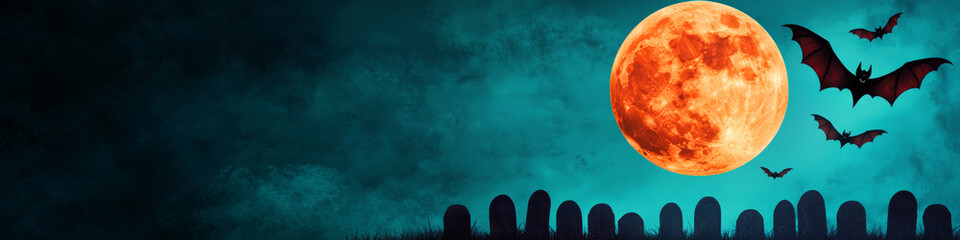 Sticker - Spooky Halloween Night with Full Moon, Bats, and Graveyard Silhouettes Against a Dark Sky