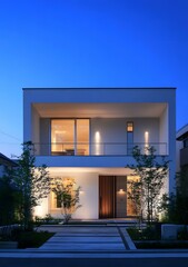 Modern Two Story House with Balcony and Front Yard at Dusk