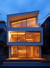 Sticker - Modern White House with Large Windows and Warm Lighting at Night