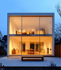 Poster - Modern Glass House with Wooden Deck and Interior Lighting