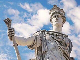 A marble statue of a crowned man holding a staff with a blue sky and clouds in the background.