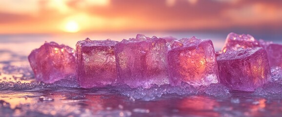 Wall Mural - Pink crystals on ice with a sunset background.