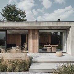 Wall Mural - Modern Concrete House with Wooden Deck and Large Windows